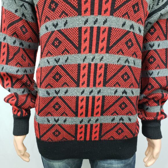 Vintage Made in USA 80s Sweater Lido Sports Wool Blend V-Neck Geometrical XL - Picture 4 of 12